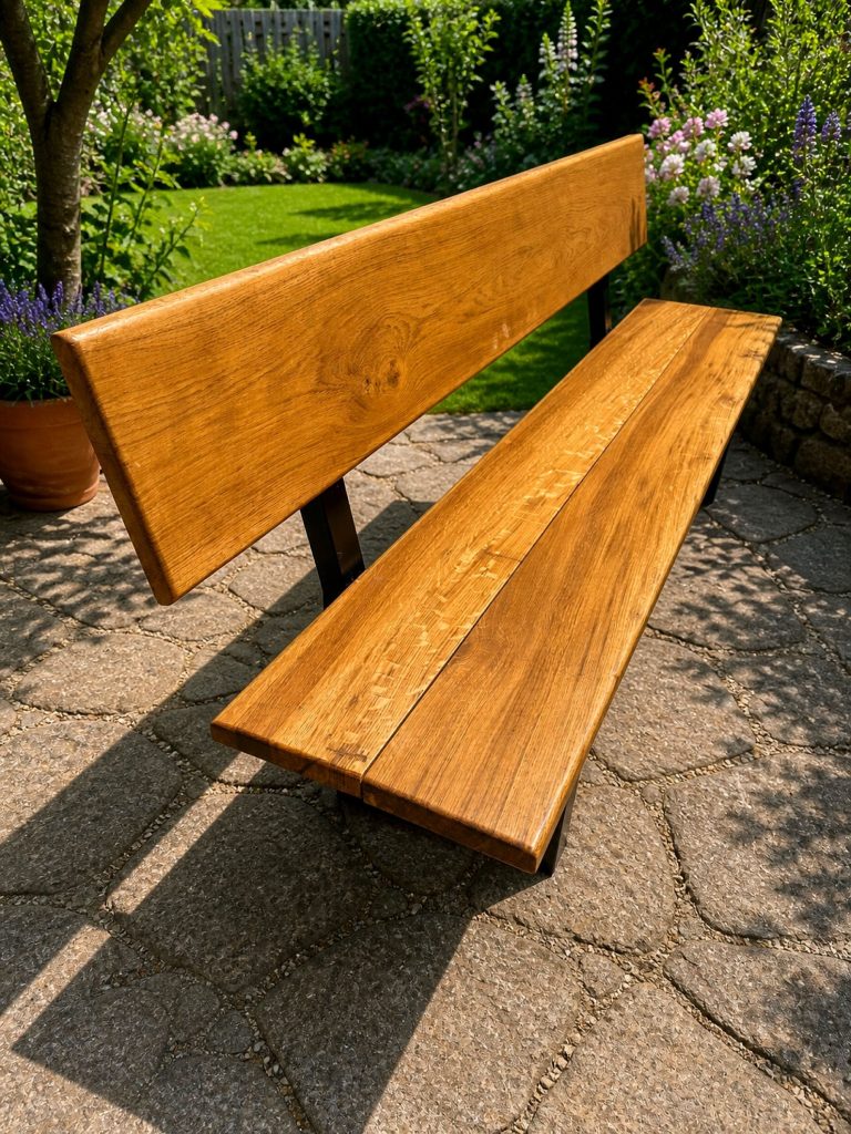 Gartenbank aus Massivholz mit breiter Rückenlehne im Sonnenlicht
