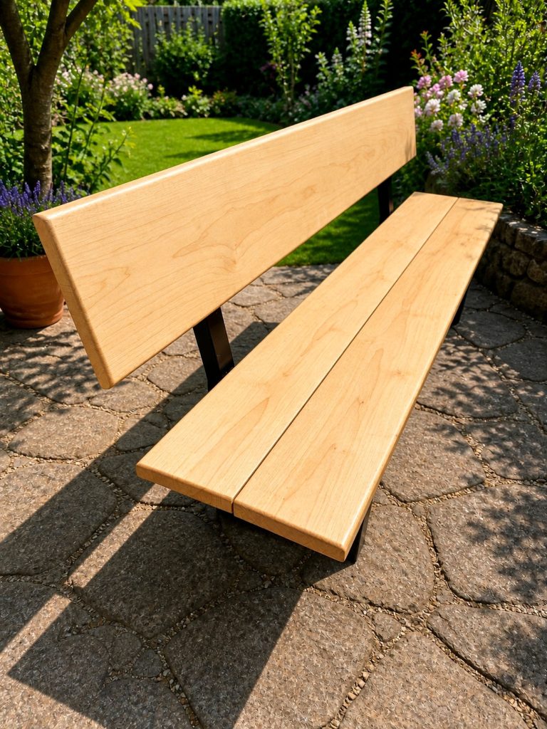 Helle Gartenbank mit breiter Rückenlehne auf einer Terrasse